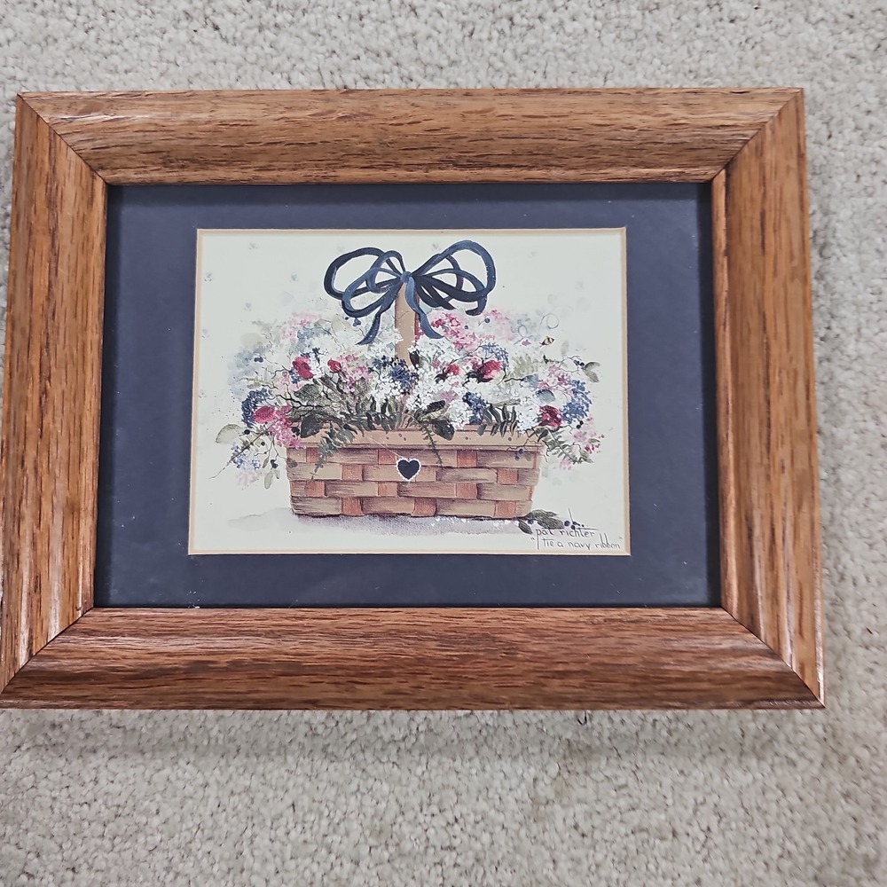 Pat Richter Print Tie A Navy Ribbon‎ Solid oak Frame Matted 8.75x6.5